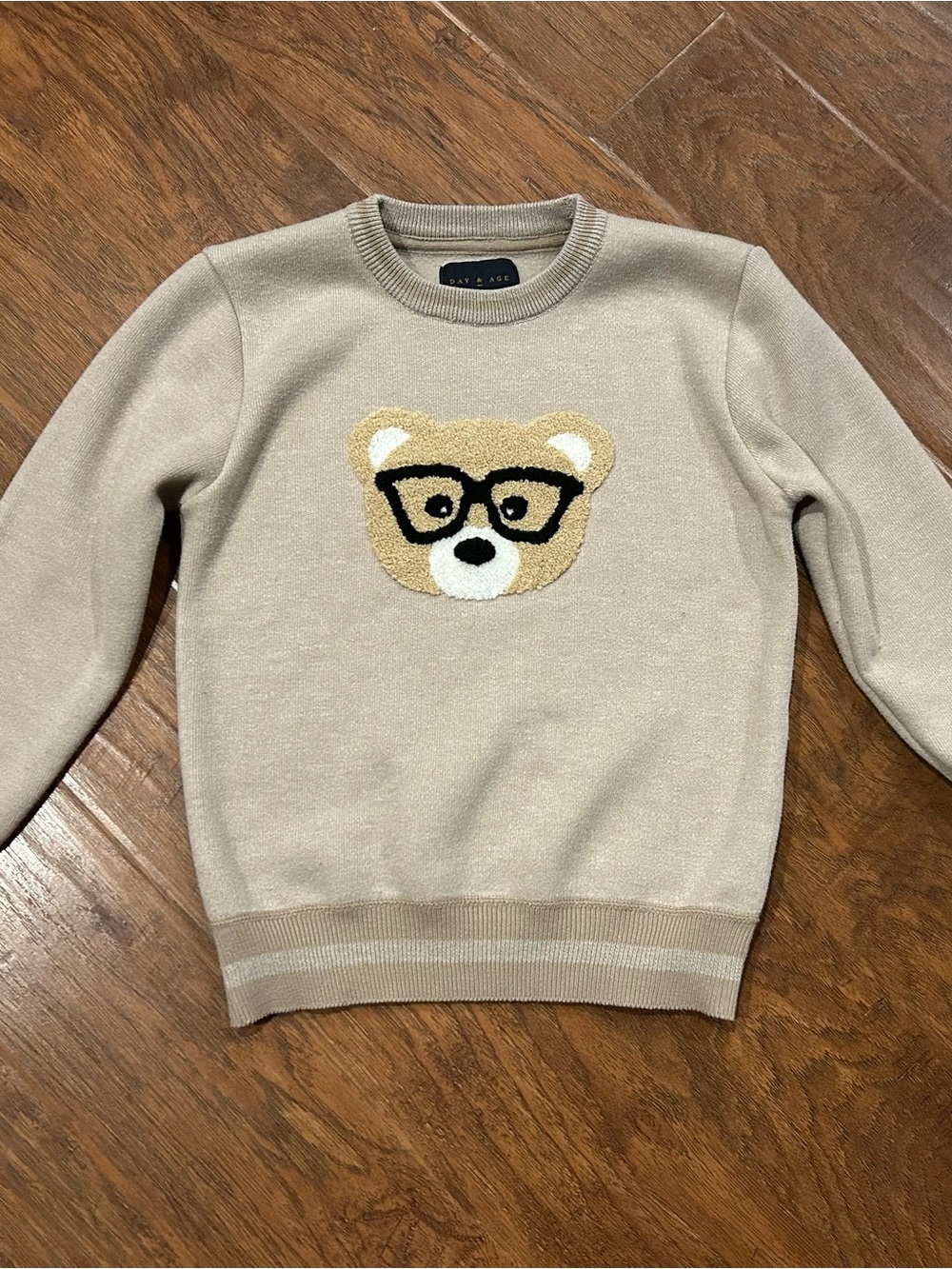 Kids Beige Bear Sweater with Eyeglass Detail